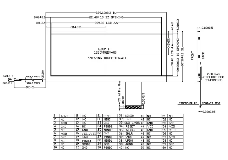 8.8 inch 1280*480 TFT LCD Module with LVDS interface