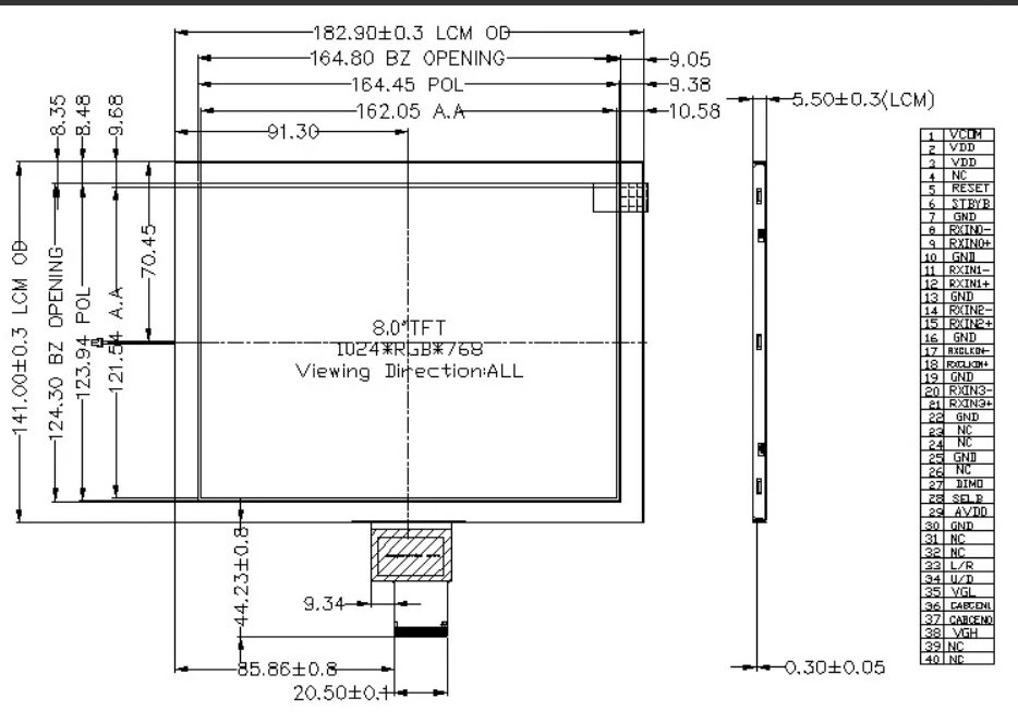 8 inch 1024*768 TFT LCD Module with 300cd/m2