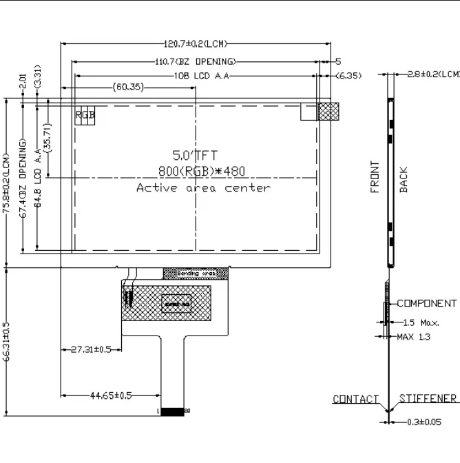 5 inch 800x480 WVGA IPS TFT LCD Moduel With 1200 cd/m2 High Brightness