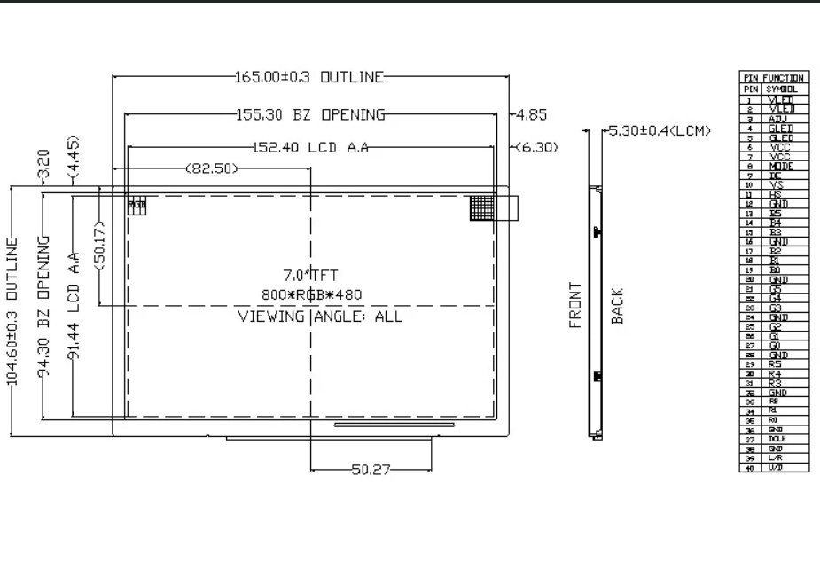 7 inch 800*480 TFT LCD Module with 500cd/m2