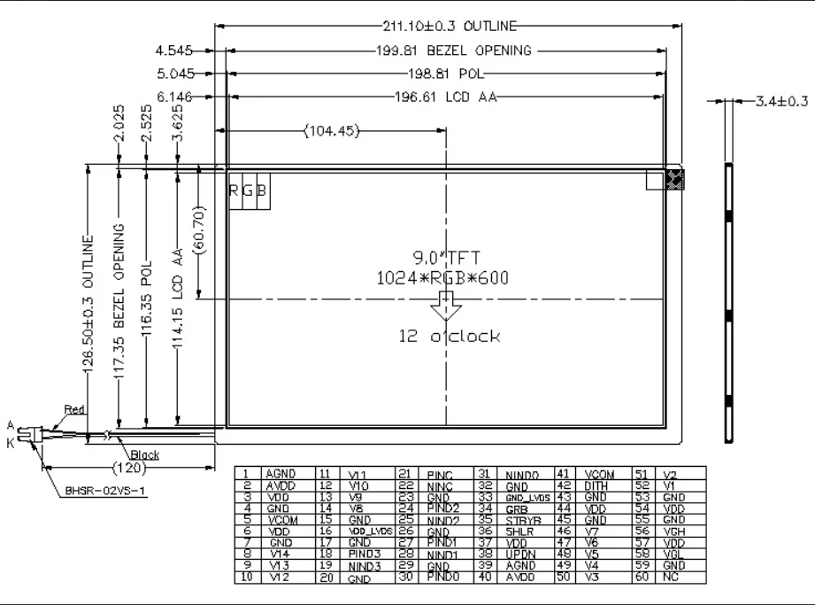 9 inch 1024x600 TFT LCD with 300cd/m2